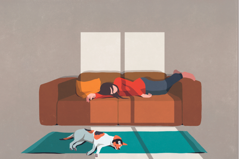 Illustration of women laying on couch with dog sleeping on the floor Infront of couch